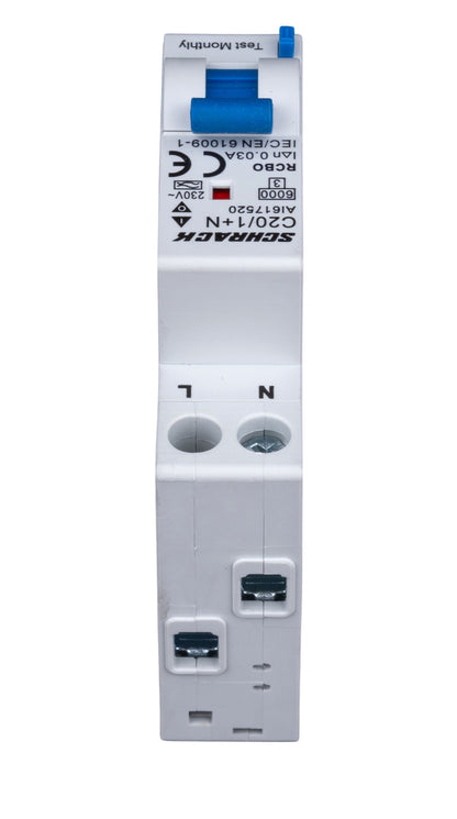 Întreruptor automat+dif., Tip A, C 20/003A,1+N un modul, 6kA
