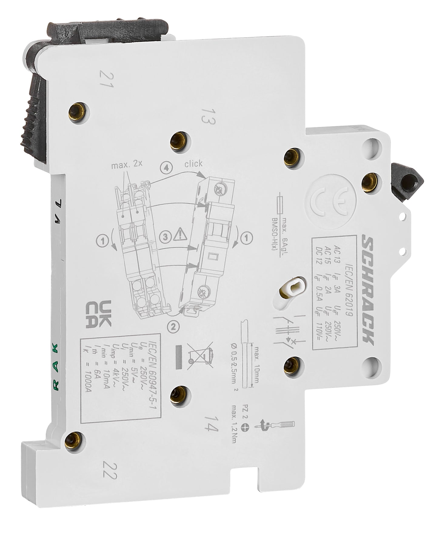Contact auxiliar 5-250V/4A, 1 ND + 1 NI fix. cu înclichetare