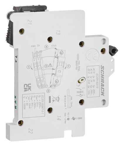 Contact auxiliar 5-250V/4A, 1 ND + 1 NI fix. cu înclichetare