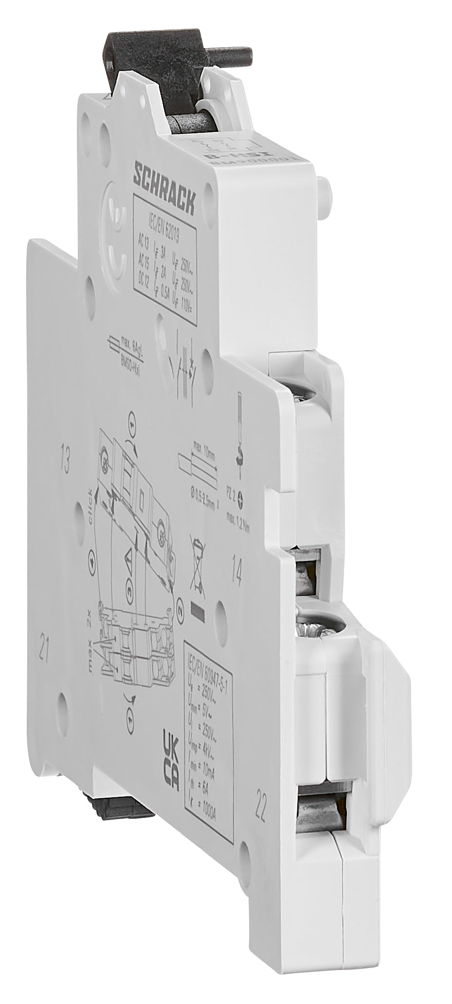 Contact auxiliar 5-250V/4A, 1 ND + 1 NI fix. cu înclichetare