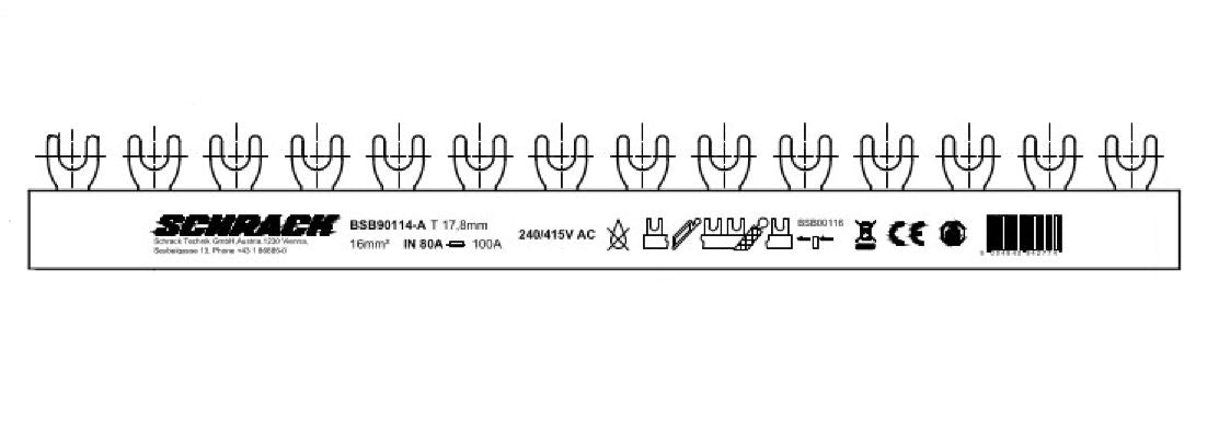 Baretă cu contacte furcă 3P, 16mm², 1m, pas=18mm