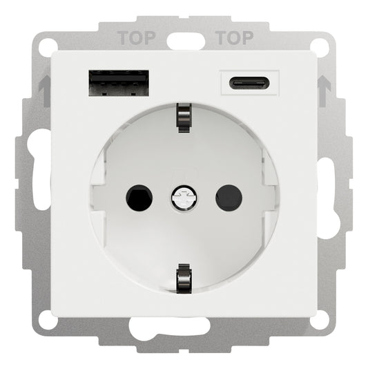 Priză Schuko cu USB Tip A+C, 2,4A, alb-pur