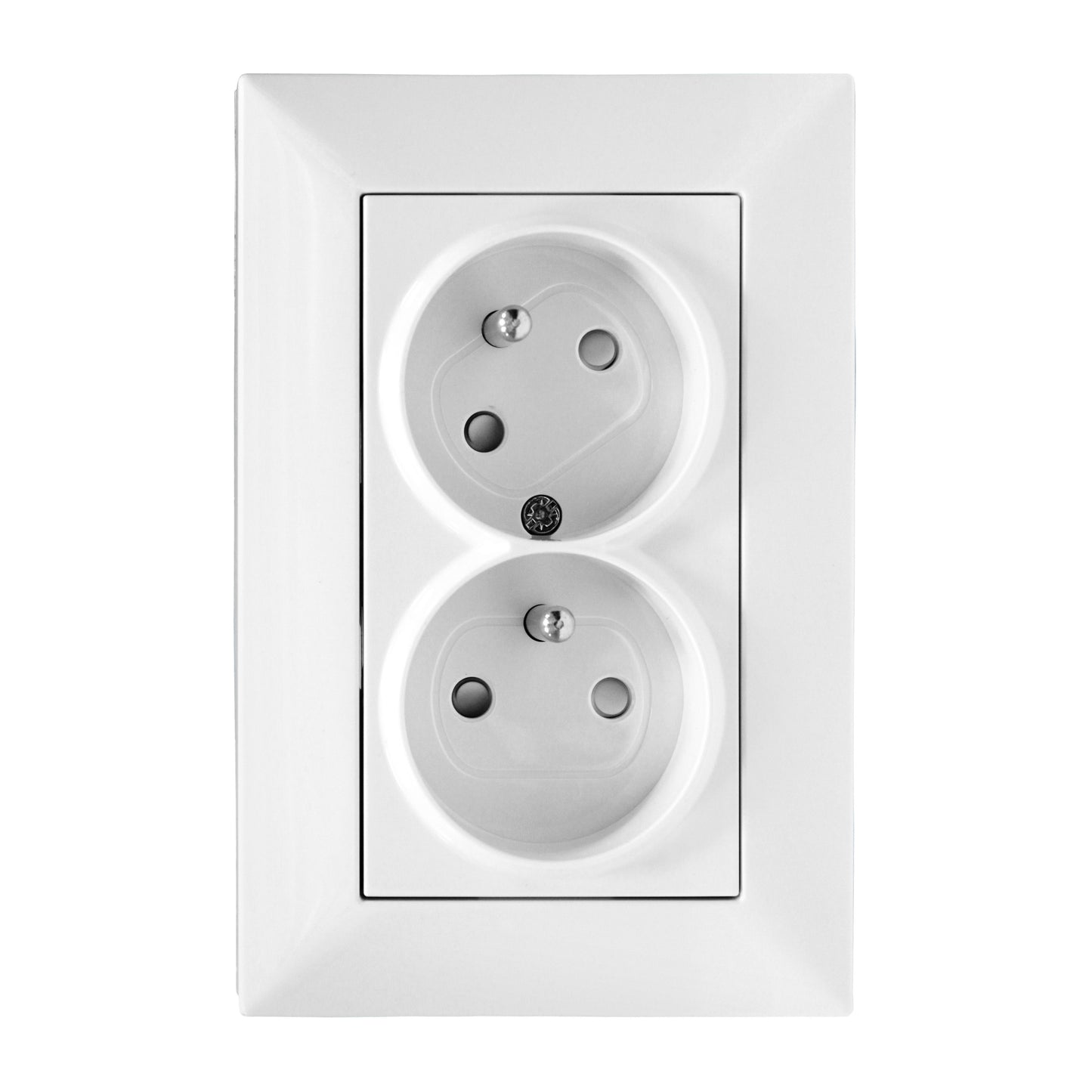 Priză dublă 16A cu pin PE rotit 45°, cleme elastice, alb