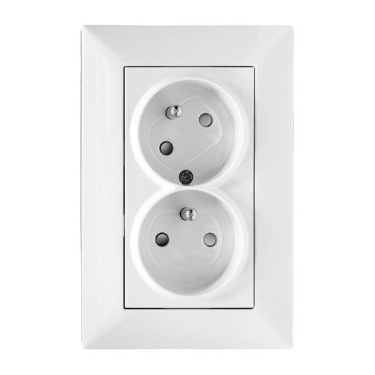 Priză dublă 16A cu pin PE rotit 45°, cleme elastice, alb
