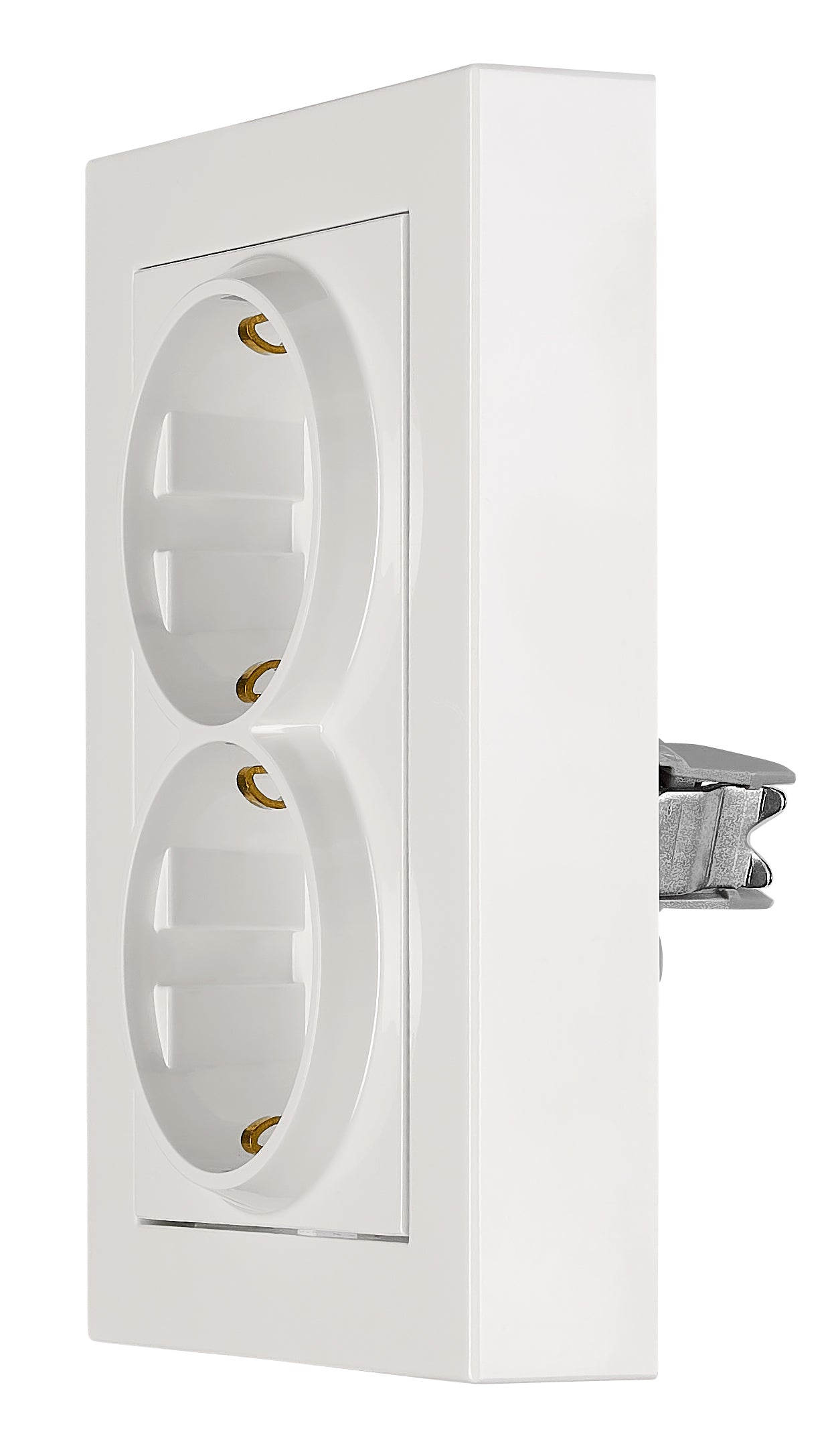Priză dublă completă cu protecție, cleme cu șurub, albă