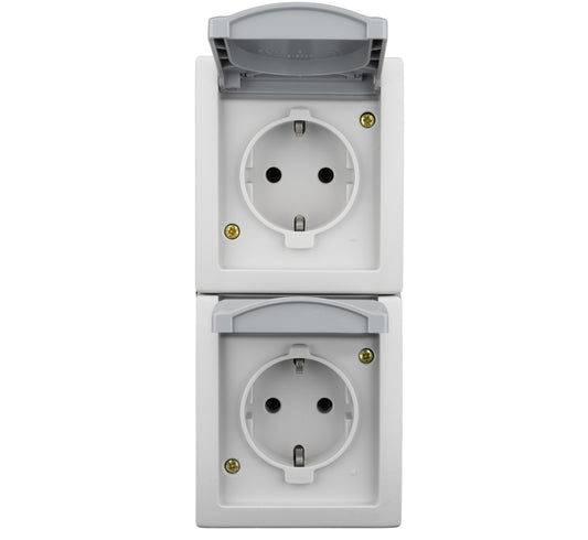 Priză dublă PE+capac, 16A, vertical, PT, cl.elastice, IP54