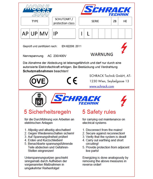 Type label Modul 2000 with the 5 safety rules