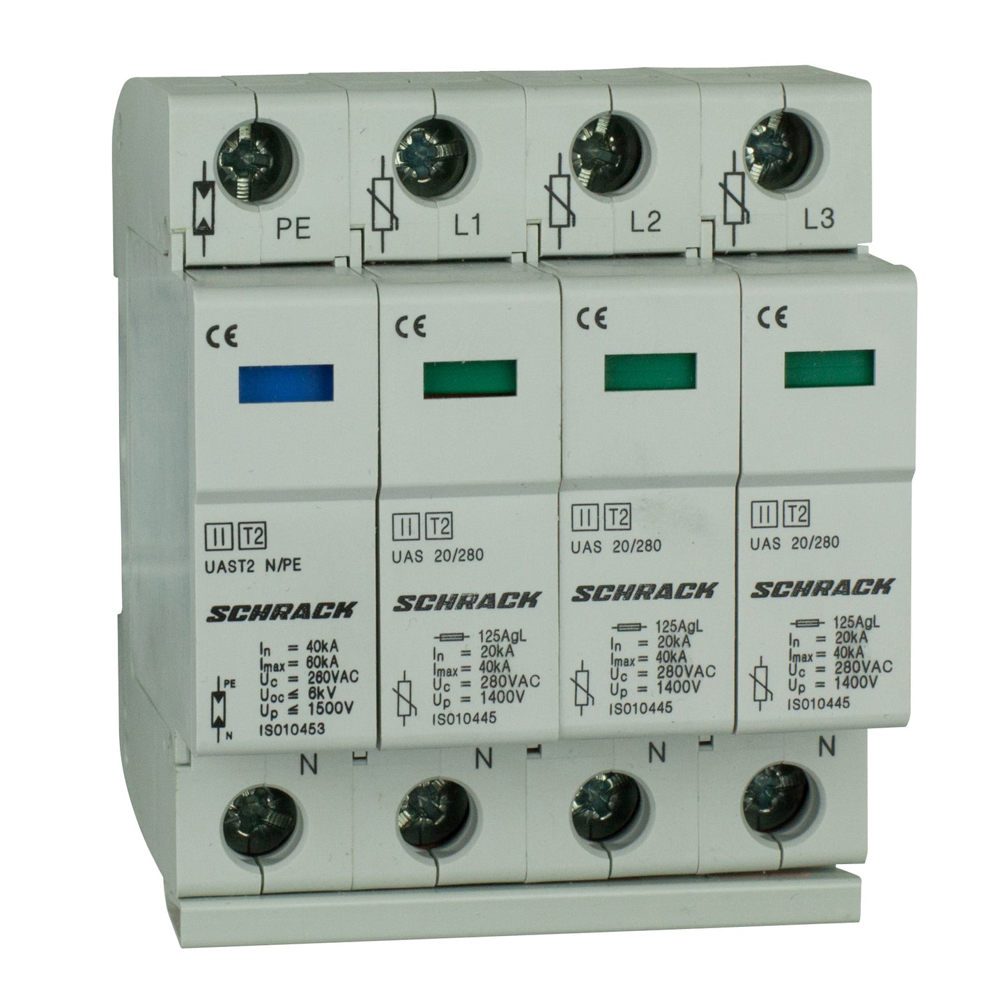 Descărcător complet, T2/C, 3+1, 3*20kA/280V - Seria UAS