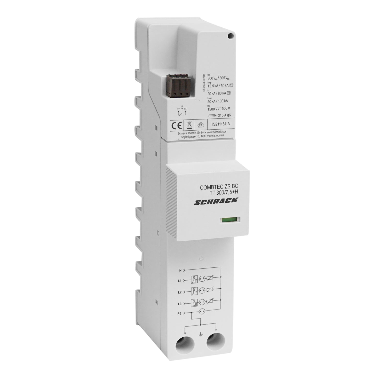 Surge arrester, 3+1 TT, Cl. I+II+III, 300V / 7.5kA+RC