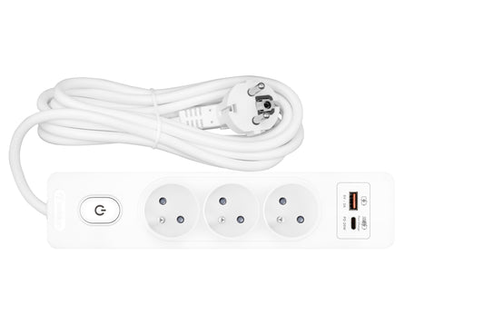 Power strip Pin 3-way, Shut/Switch, USB A+C PD, 2m cable, w