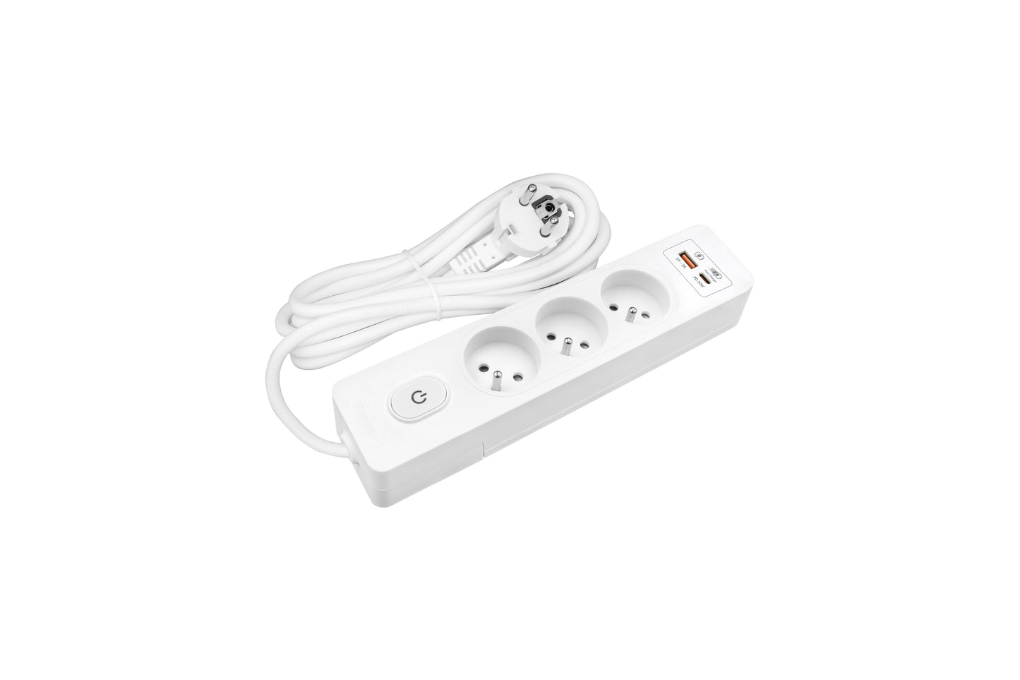 Power strip Pin 3-way, Shut/Switch, USB A+C PD, 5m cable, w