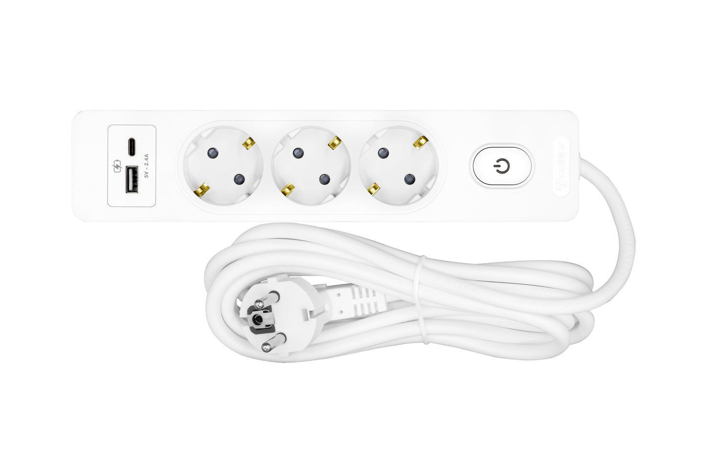 Prelungitor cu 3 prize, cablu de 1,5m, USB A+C, Buton, alb