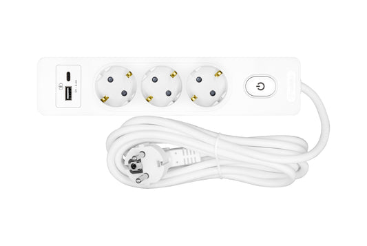 Prelungitor cu 3 prize, cablu de 1,5m, USB A+C, Buton, alb