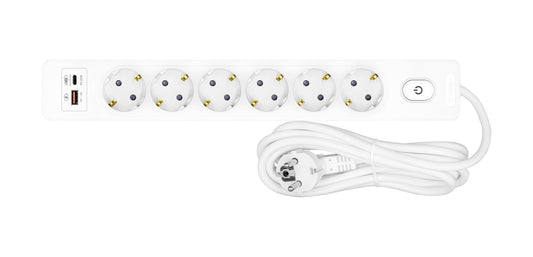 Prelungitor cu 6 prize, cablu de 1,5m, USB A+C PD, Buton