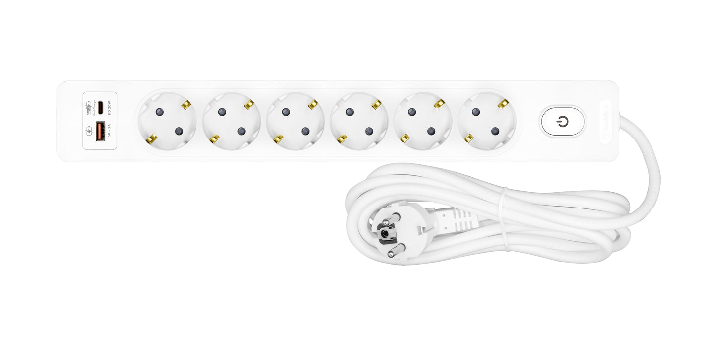 Prelungitor cu 6 prize, cablu de 5m, USB A+C PD, Buton, alb